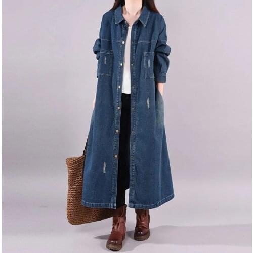 Female 2021 Spring Autumn New Literary Large Size Loose Long Denim Shirt Skirt Was Thin Versatile Windbreaker Coat Women Commute