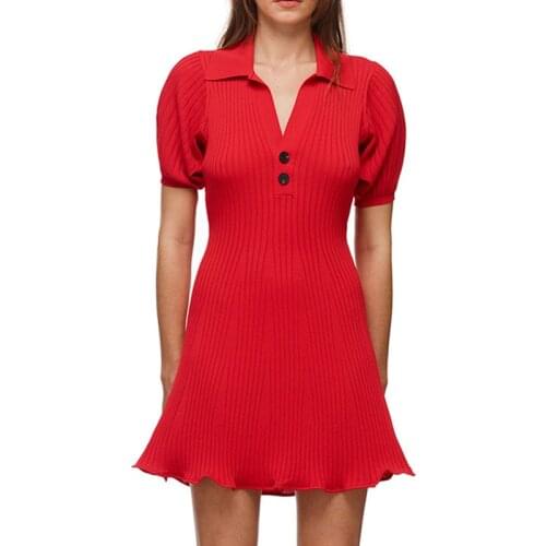 Women Elastic Knitted Mini Dress 2021 New Short Sleeve Slim Waist Stripes Turn-Down Collar Lady Short Dresses With Buttons