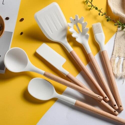 White Cooking Kitchenware Tool Silicone Utensils With Wooden Multifunction Handle Non-Stick Spatula Ladle Egg Beaters Shovel