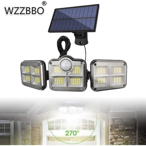 122 LED 3 Head Motion Sensor Illumination 270 Wide Angle Solar Lights Outdoor Super Bright Waterproof Remote Control Wall Lamp