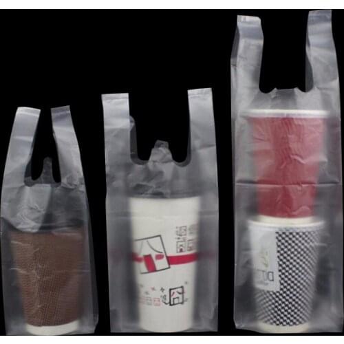 200Pcs/Lot Clear Plastic Coffee Tea Cup Packaging Bag Glossy / Embossed Beverage Cola Drinking Take Out Carrier Handle Poly Bags
