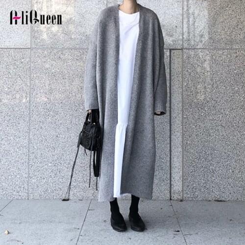2020 Autumn Women Black Long Sleeve Loose Knitted Sweater Cardigan Winter Cashmere Coat Korean Maxi Oversized Sweaters Plus Size