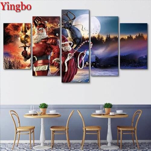 5 Panel Santa Claus And Deer picture of rhinestone embroidery mosaic diamond full square 5 d diamond painting moon night scenery