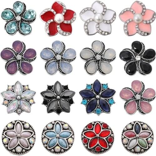 6pcs/lot New Flower Snap Button Jewelry Rhinestone Metal 18mm Snap Buttons Fit 20mm 18mm Snap Button Bracelet Necklace