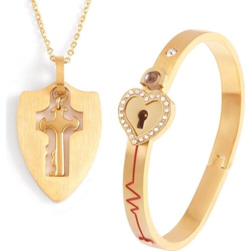 Valentines Day Gift Design VIP Fashion Concentric Lock Key Titanium Steel Stainless Steel Jewelry Bracelet Necklace Couple Sets