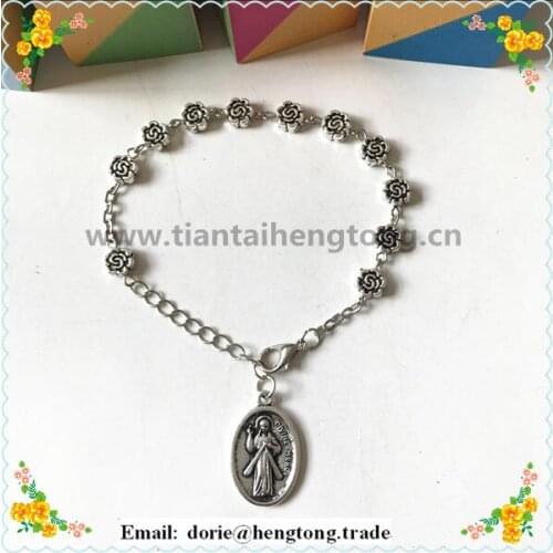 6pcs/pack 5mm alloy flower bead catholic rosary bracelet bangle with divine mercy and faustina charm pendant