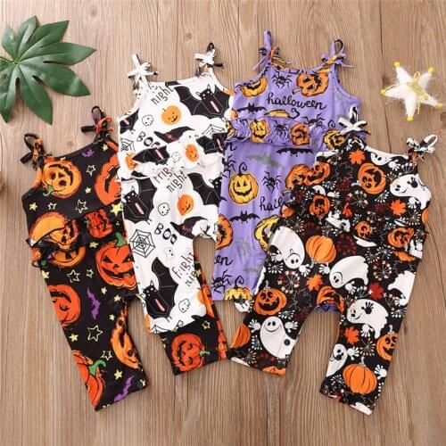 2020 Toddler Halloween Rompers Baby Girl Spaghetti Strap Ruffles Sleeveless Jumpsuit Cartoon Pumpkin Ghost Print One Piece 0-24M