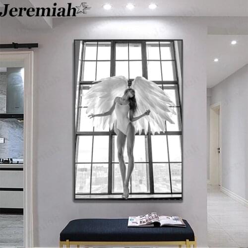 Black and White Angel Canvas Painting Feather Girl Ballet Poster Wall Art Nordic Corridor Home Decoration Accessories