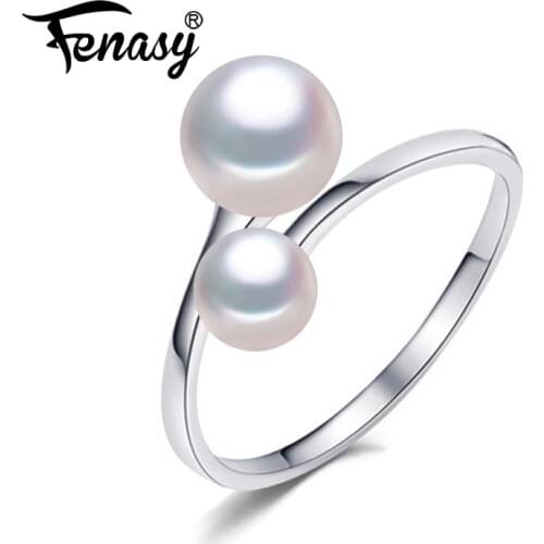 FENASY New Natural Freshwater Double Pearl Rings For Women Trendy 925 Sterling Silver Adjustable Pearl Ring Idea Gift
