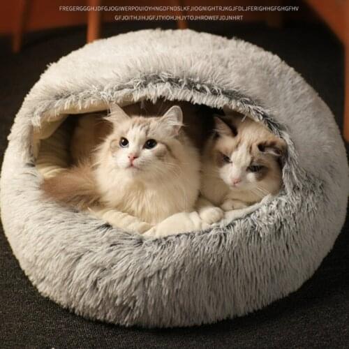Cat Bed Round Soft Plush Burrowing Cave Hooded Cat Bed Donut for Dogs Cats Comfortable Self Warming Pet Bed