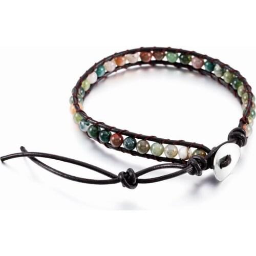 Genuine Natural Stone Energy 4mm Bead Beaded 7 Types of Stones Leather Cord Bracelet for Women Men Jewelry