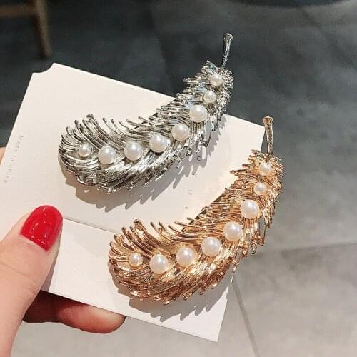 New Retro Metal Alloy Hair Clips Feather Leaf Pearl Duckbill Clip Hairpin Side Clip Hair Accessories For Women Girls Party