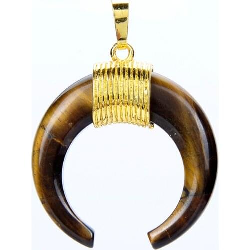 New Natural Stone Crescent Moon Necklaces Pendants Gold Color White Quartz Purple Crystal Ox Horn Charm Reiki Men Women Jewelry