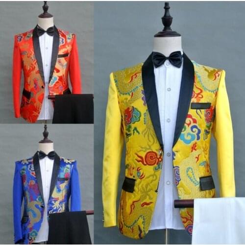 Chinese style clothes men suits designs homme terno stage costumes singers embroidery jacket men blazer dance star style yellow