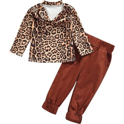 Citgeett Autumn Kids Toddler Girls 2Pcs Fall Outfits Long Sleeve Neck Leopard Tops + Solid Color Pants Spring Clothes Set