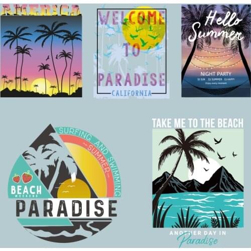 HOT Fashion Tropical Vacation Landscape Coconut Tree Pattern On Transfer For Clothing Cap Bright Badge Accessory Patch