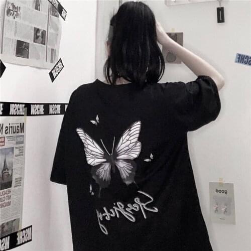 Butterfly Printed Cotton Short-Sleeved t-Shirt Womens Dark And Weird Blouse Body 2021 Hip-Hop Korean Harajuku Couple Blouse