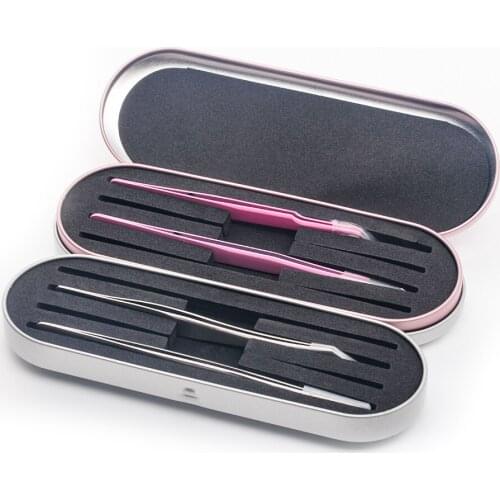 THINKSHOW Pink OR Silver Two Tweezers With Tinplate Storage Box Organizer Case for Eyelash Extension Salon Makeup Tools