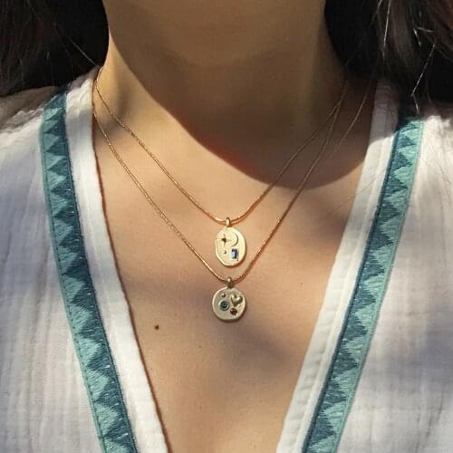 Matte Gold Color Double Layer Snake Chain Oval Moon Star Pendant Short Necklace Female