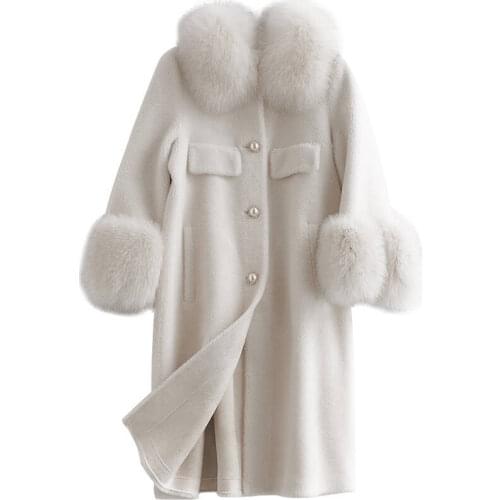 Fur Real Coat Female Fox Fur Collar Sheep Shearling Fur Jackets Winter Jacket Women 100% Wool Coat Chaqueta Mujer My3838