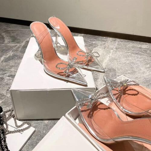 2021 Summer Pointed Crystal Fairy Ladies Wind Sandals Rhinestone Butterfly-knot Transparent High Heel Women Sandals
