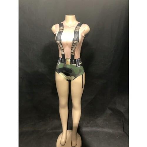 Women 3D Printed Army Camouflage Sexy Bodysuit Sleeveless Jumpsuit Party Celebrate Performance Dancer Stage Wear Free Shipping