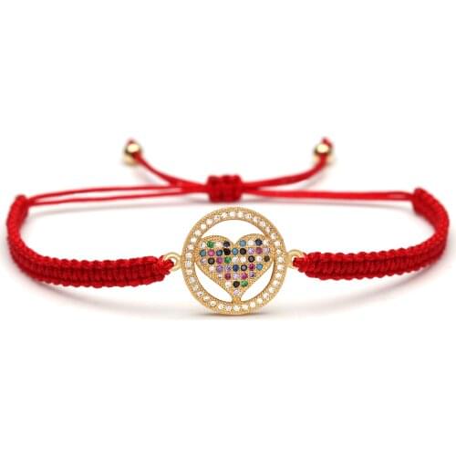 Cubic Zirconia CZ Copper Round Circle Love Heart Charm Bracelet Women Girl 2020 New Fashion Brass CZ Red String Jewelry Present
