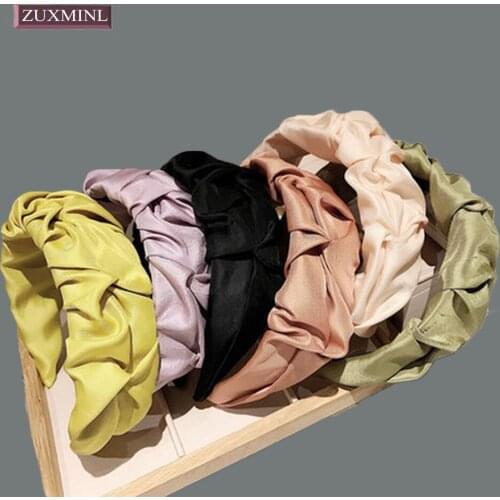 Women Pleated Solid Color Silk Headband Satin Bezel New Turban For Girl Leopard Wide Hairbands Hair Hoop Hair Band Accessories