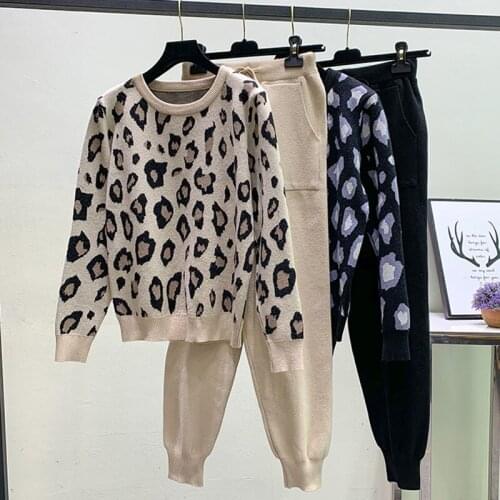 2021 2 Pieces Set Women Knitted Tracksuit LeoparO-neckSweater + Carrot Jogging Pant Pullover Sweater Set Knitted fashionOutwear
