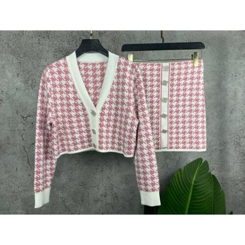 New Ladies Fashion 2021 Houndstooth Knit Suit Top + Skirt 2-piece Set 1006