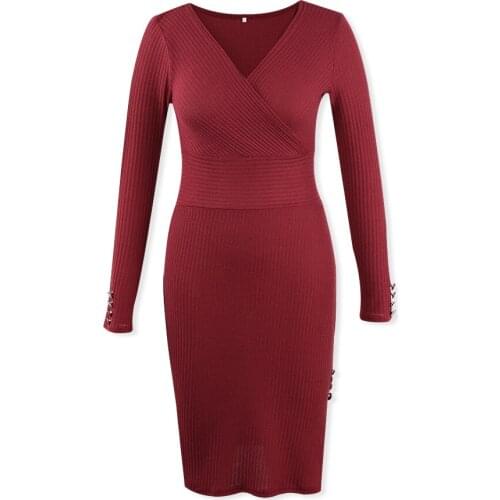 Wine Red Sexy Wrap V-Neck Dress For Women Long Sleeve Empire Waist Knitted Dress Ladys Side Split Sheath Dresses