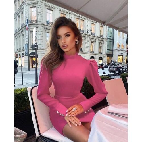 2021 New winter new year women pink puff sleeves long sleeve bandage dress Party Dresses