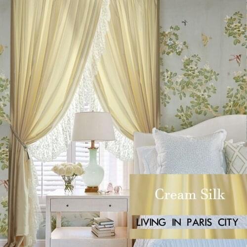2021 New French European Retro Elegant Creamy Beige Pink Silk Satin Luster Lace Decorative Curtains for Living Room Bedroom