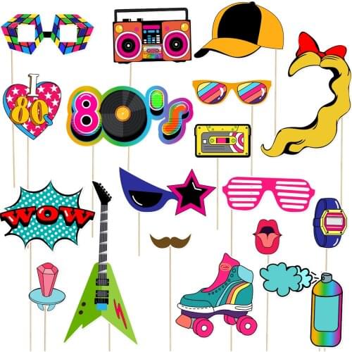 21Pcs 80s Party Cosplay Photobooth Props Funny Birthday Party Photo Booth Props Creative Vintage Party Supplies Wedding New Year