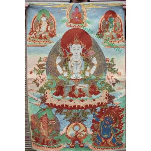 36 inch Tibet Silk embroidery 4 Hand Chenrezig Buddha Avalokiteshva Thangka Painting Mural