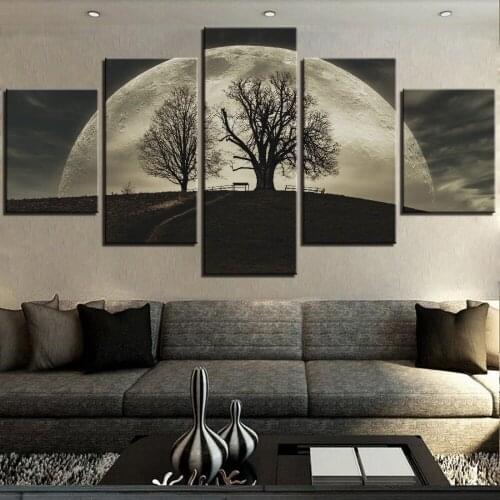 5 piezas de lienzo de Luna, pintura de arte de pared, carteles de paisaje nocturno, imágenes de árbol para la decoración de la h
