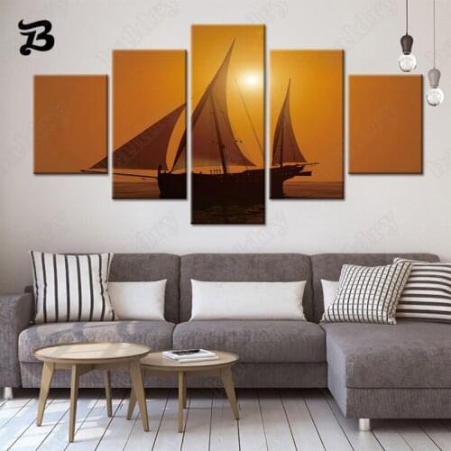 Canvas Painting 5 Pieces Transportation Boat Ship At Sea Canvas Posters Prints Landscape Sunset Art for Living Room Wall Decor