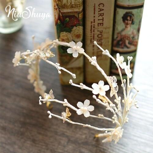 NiuShuya Handmade White Branch Hairwear Tiaras Crown Flower Vine Branch Bridal Hair Ornaments Wedding Hair Jewelry Accessorie