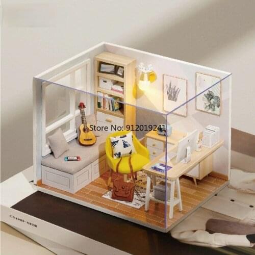 DIY 3D Wooden Doll House Miniature Furniture Accessories Sunshine Study Room Mini Doll Casa Free Dust Cover Toys for Kid Gifts