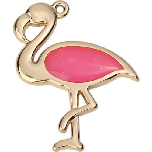 DoreenBeads Zinc Based Alloy Charms Flamingo Gold Yellow Colorful Imitation Pearl Enamel Glitter 34mm(1 3/8") x 27mm, 5 PCs