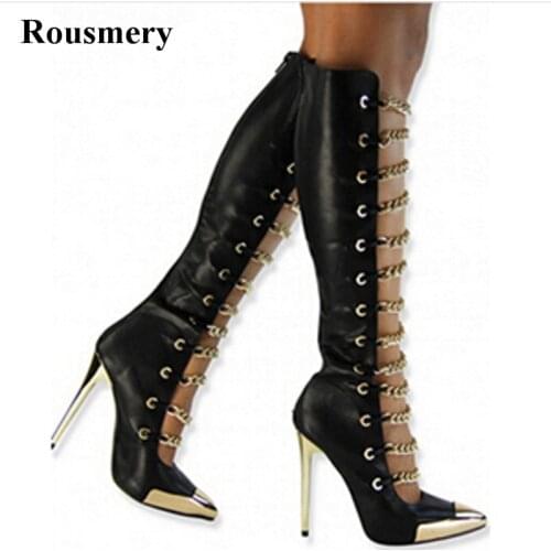Hot Selling Women Fashion Pointed Gold Metal Toe Knee High Boots Chain Design Stiletto Heel Gladiator Boots High Heel Boots
