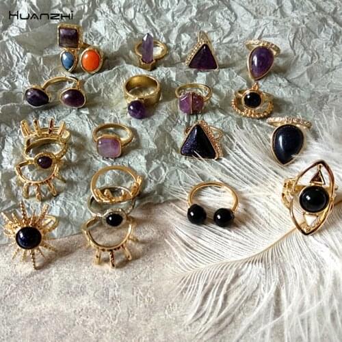 HUANZHI 2019 Cool Colors Natural Stone Spar Geometric Hollow Double Layer Crown Ring Finger Rings for Women Men Party Exotic
