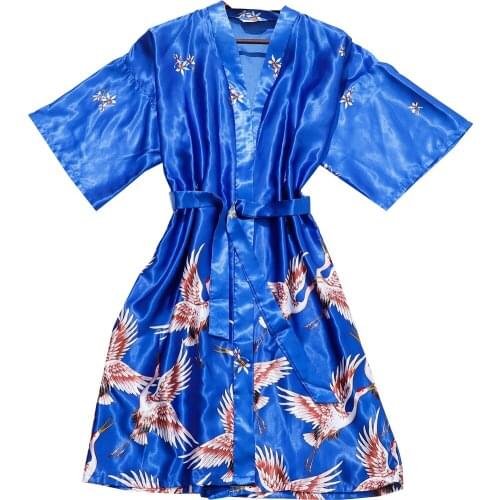 Womens Short Sapphire Blue Floral Kimono Bride Bridesmaids Robe With Red-Crowned Crane For Wedding Party Robe