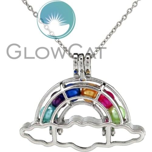 KK796 Cute 40mm Rainbow Beads Cage Locket Pendant Essential Oil Diffuser Oyster Pearl Cage Aromatherapy Locket Necklace