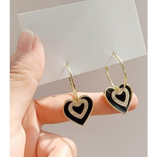 Korean Girl Earrings Net Red 2021 Fashion New Black Elegant Simple Double Love Crystal Earrings Factory Wholesale Sales Ohrringe