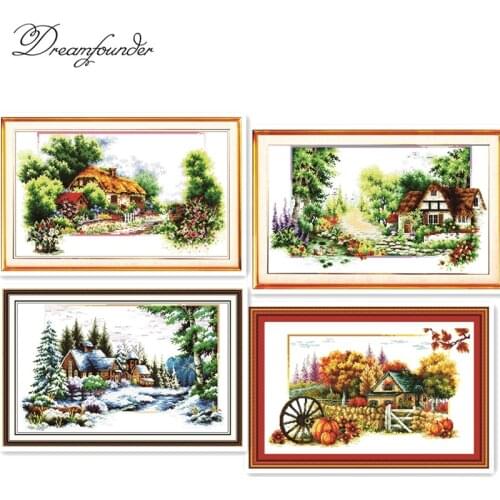 Spring summer 4 seasons cross stitch kit lanscape stamped 18ct 14ct 11ct hand embroidery DIY handmade needlework supplies bag