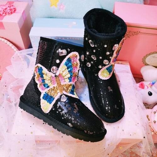 2020 new winter sequined boots handmade custom luxury rhinestone snow boots wool warm womens boots