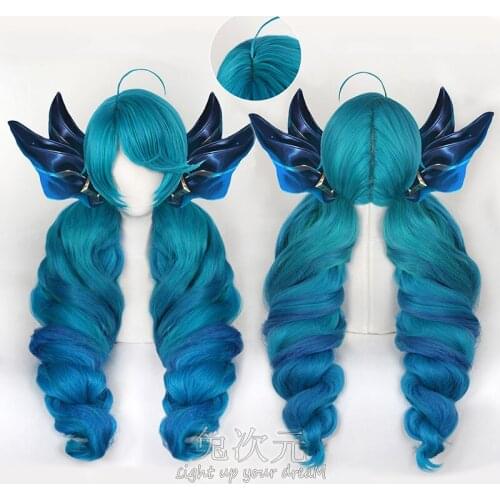 Game LOL Gwen Cosplay Wigs Mixed Blue Long Gradient Heat Resistant Synthetic Hair Wig + Free Wig Cap