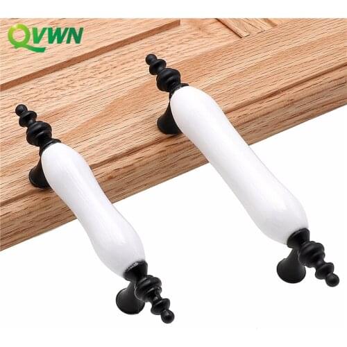 White Porcelain Black Zinc Alloy Round Handles American Style Kitchen Cupboard Door Pulls Drawer Fashion Furniture Hardware