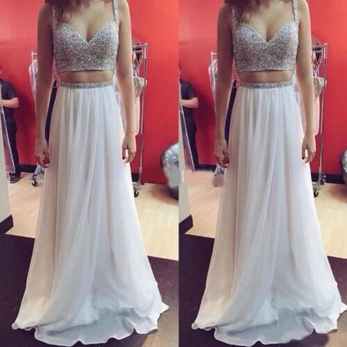 Sexy Two Piece Prom Dresses Spaghetti Straps Sweetheart Bead Crystals Sweep Train Chiffon Formal Party Evening Gown Vestidos